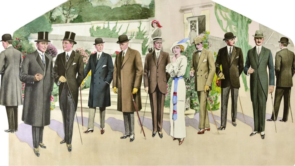 High quality and well-fitting clothes as seen in these gentlemen's outfits from a vintage fashion illustration