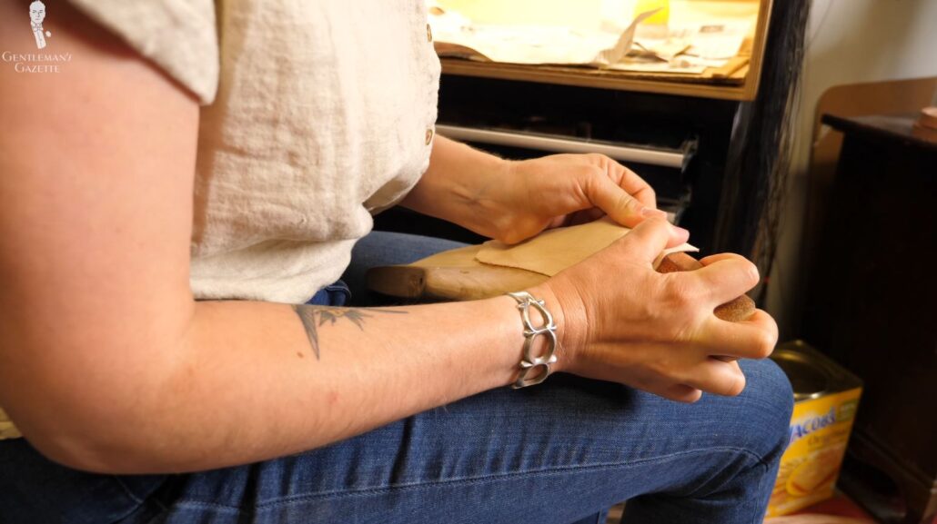 Amara uses leather on the toe area to build up a last