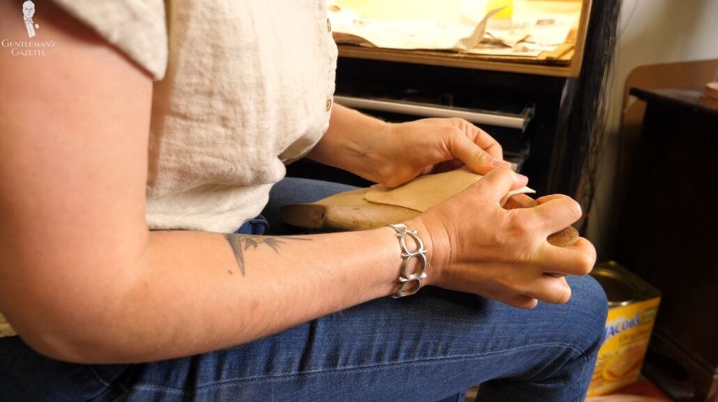 Leather 1 Amara uses leather on the toe area to build up a last