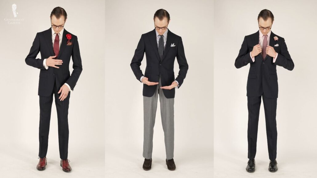 Preston in three different outfit combinations featuring his navy suit and Fort Belvedere accessories