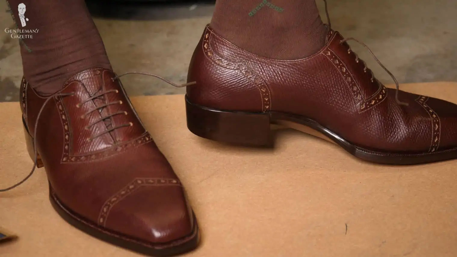 The slimmer soles on Raphael’s bespoke shoes (Pictured: Mid Brown Socks with Green and Cream Clocks in Cotton from Fort Belvedere)