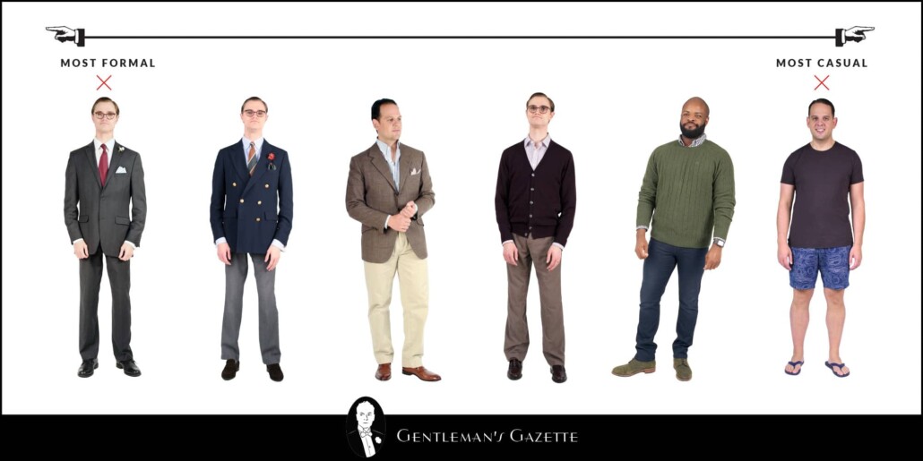 A range of several outfits ranging from most formal to most casual