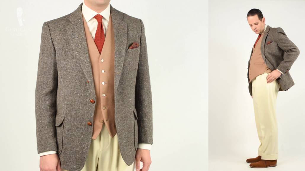A vest in a shade of brown helps tone down loud patterns for a more formal outfit.