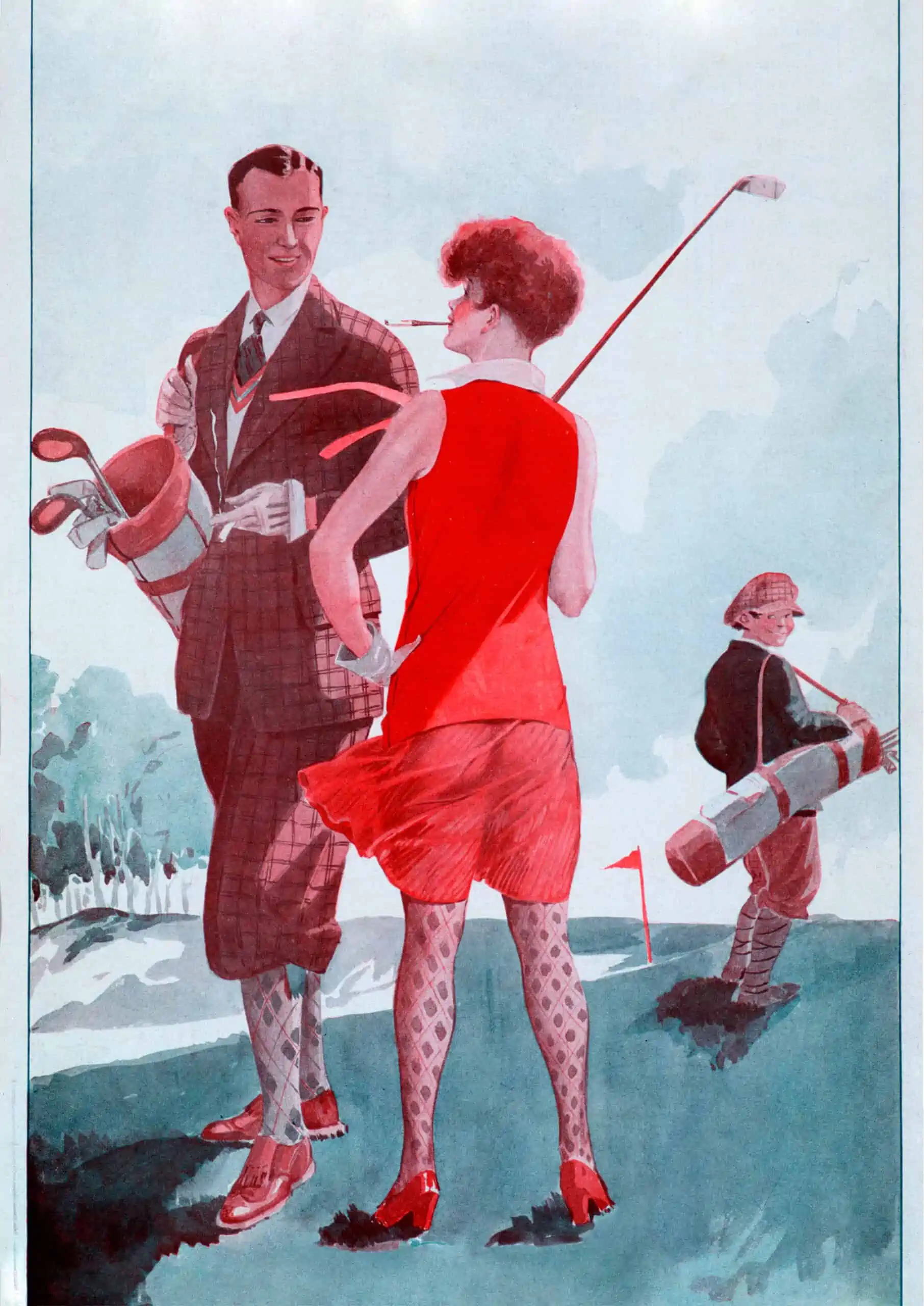 A vintage illustration of golfers wearing Kiltie shoes