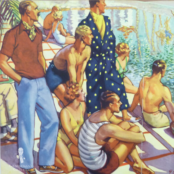 A 1930s illustration of people at the pool some wearing ascots