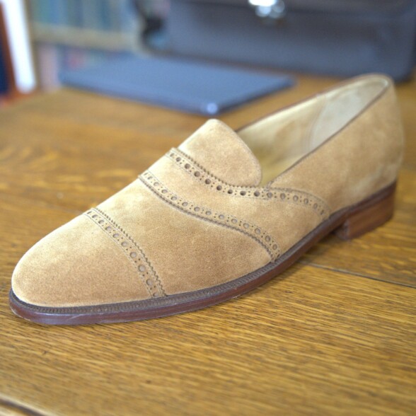 Edward Green saddle loafers made for Ralph Lauren in Charles F Stead buff suede leather