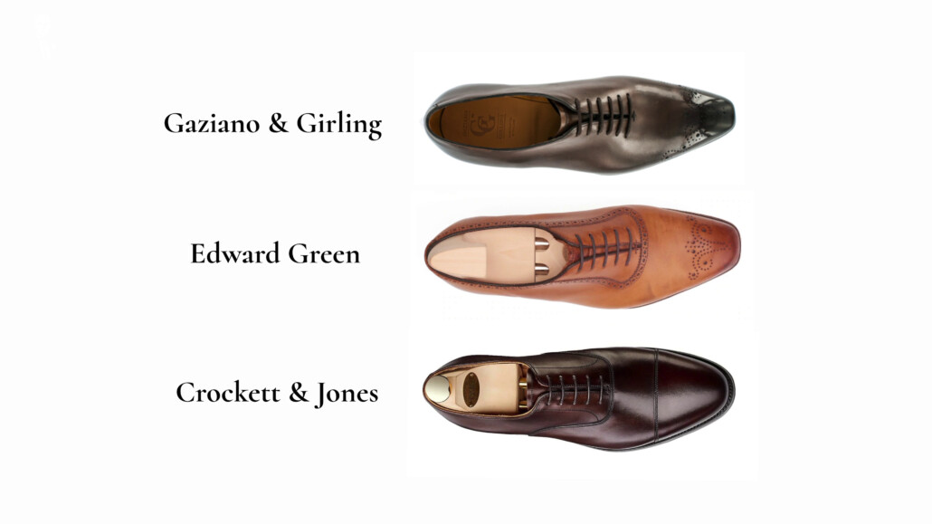 Gaziano Girling shoes are more extreme, more streamlined; Edward Green's a little subtle, while Crockett and Jones are a bit more round.