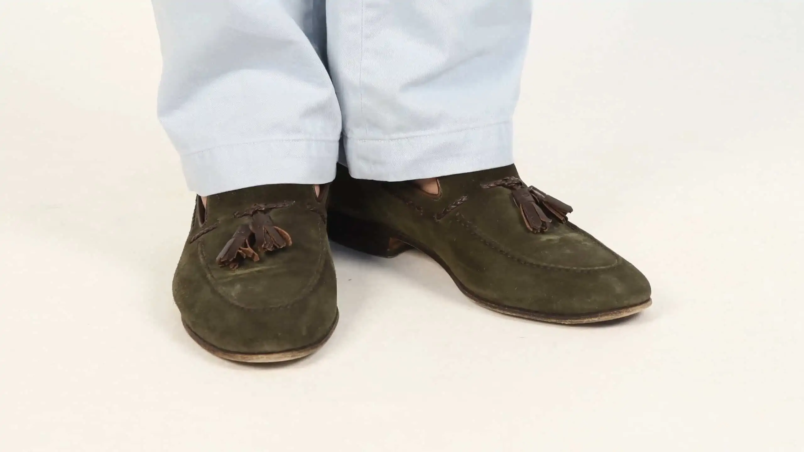 Suded tassel loafers in a dark olive green shade