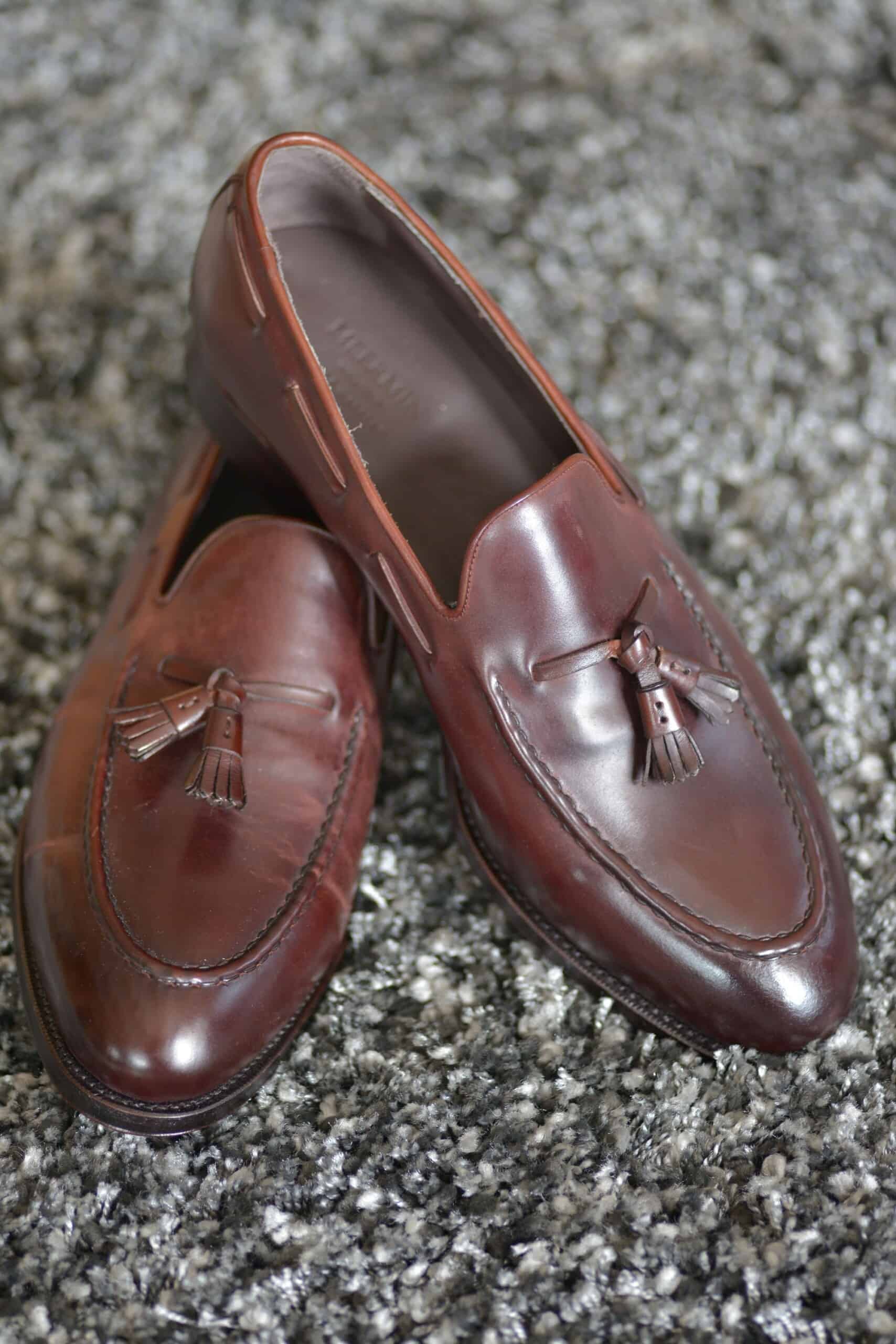 A pair of Classic Cordovan colored tassel loafers from Meermin