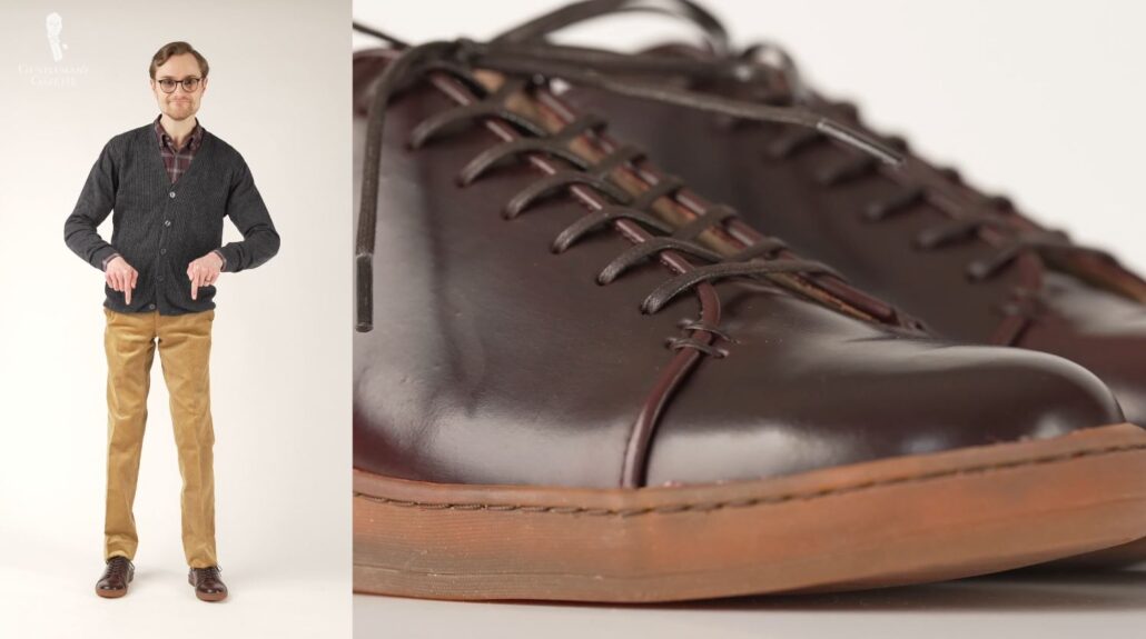 Preston dons a casual outfit with a pair of Crown Northampton cordovan leather dress sneakers
