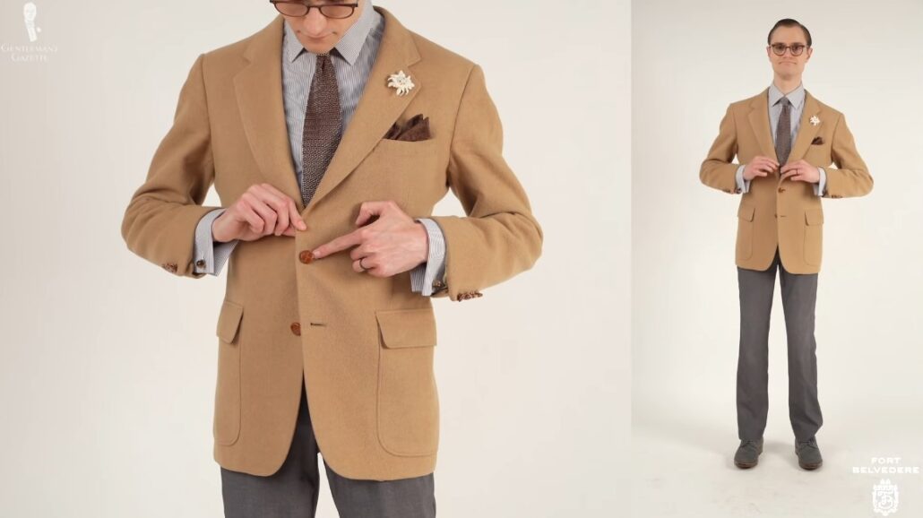 Preston wearing a vintage camel hair sport coat paired with gray suede derby shoes that harmonize with his trousers.