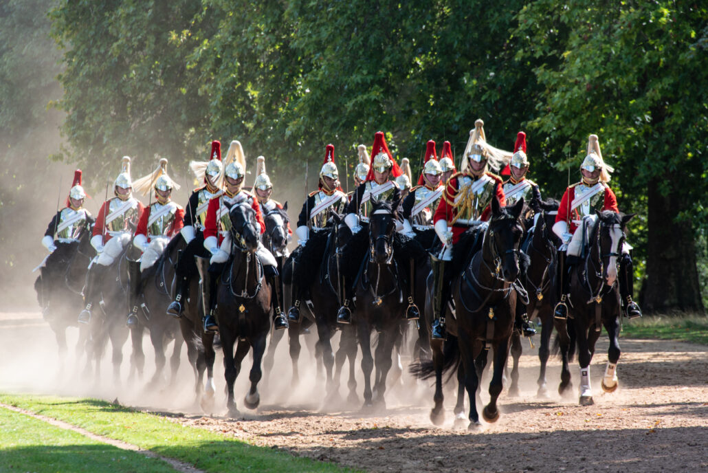 The British Household Cavalry Mounted Regiment, pictured in 2019 with their formidable, tall black leather boots