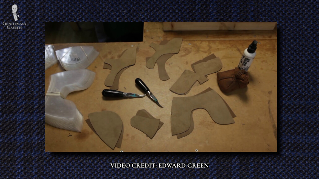The leather uppers are cut by hand and are placed in a way to avoid imperfections and to get the best part of the skin.