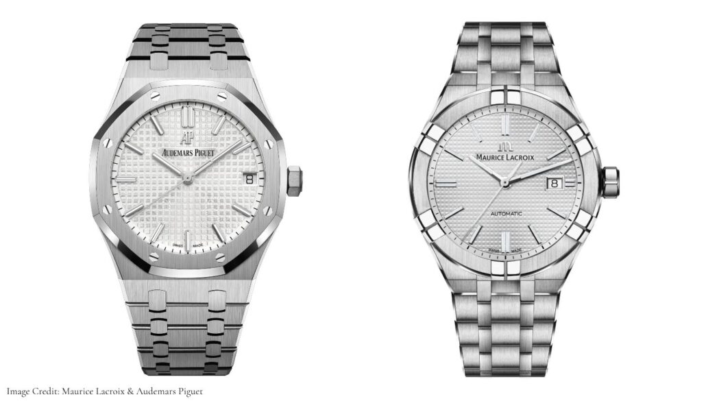 The Audemars Piguet silver-toned Royal Oak watch (left) and the Maurice Lacroix stainless steel Aikon watch (right) [Image Credit: L – Audemars Piguet; R – Maurice Lacroix]