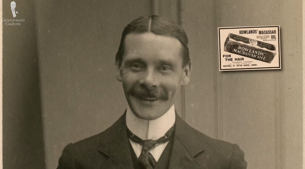 An English man with his hair groomed with Macassar oil, and a printed advert for Rowlands Macassar Oil in 1902 [Image Credit: Fred C. Palmer and Media Storehouse] 