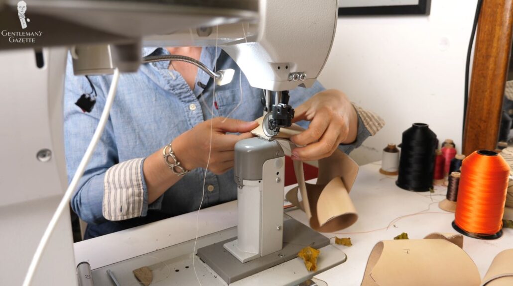 A special sewing machine is used to assemble the leathers