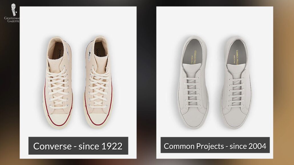 A pair of Converse All Star Hi 70 canvas high-top sneakers on the left, and the Common Projects Original Achilles Sneakers on the right [Image Credits: L - Selfridges & Co., R - Editorialist]