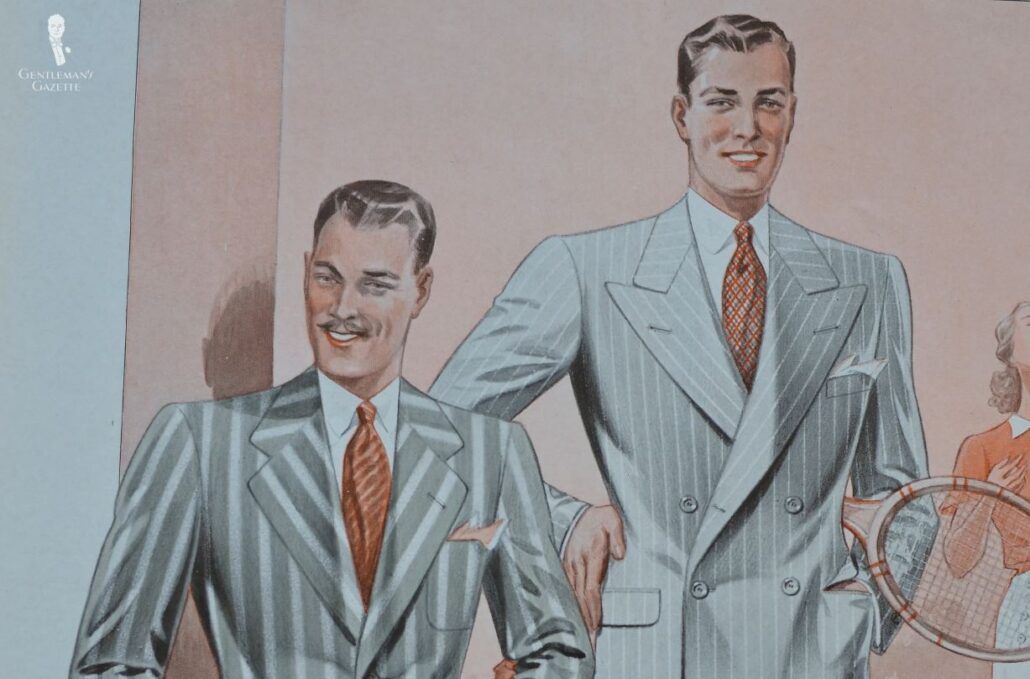 An illustration of two gentlemen in the 1930s without beards - only with a mustache and clean-shaven, respectively.