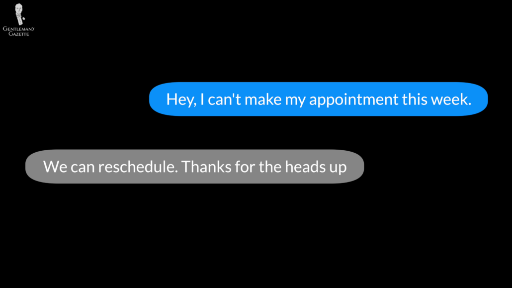 Text messages between a barber and a customer reading "Hey, I can't make my appointment this week." and "We can reschedule. Thanks for the heads-up."