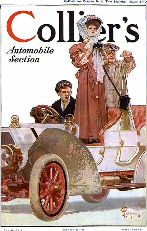 An illustration of a man and woman in a primitive automobile. Their driver is wearing driving gloves. Colliers Magazine Cover, October 26, 1907, by J.C. Leyendecker.