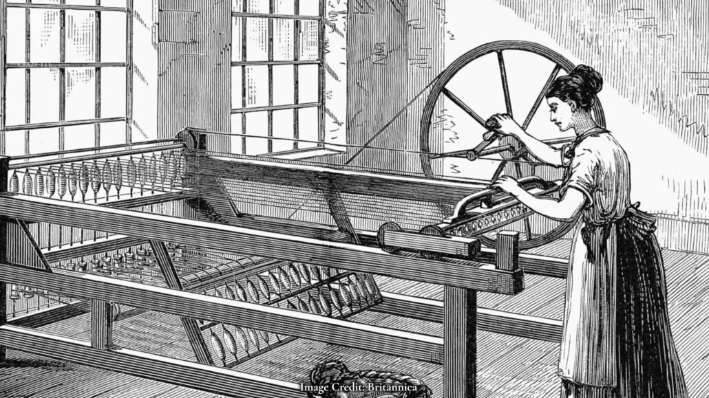 An illustration of a woman at an old-style industrial sewing machine