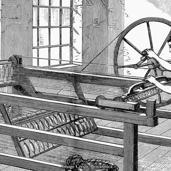 An illustration of a woman at an old-style industrial sewing machine