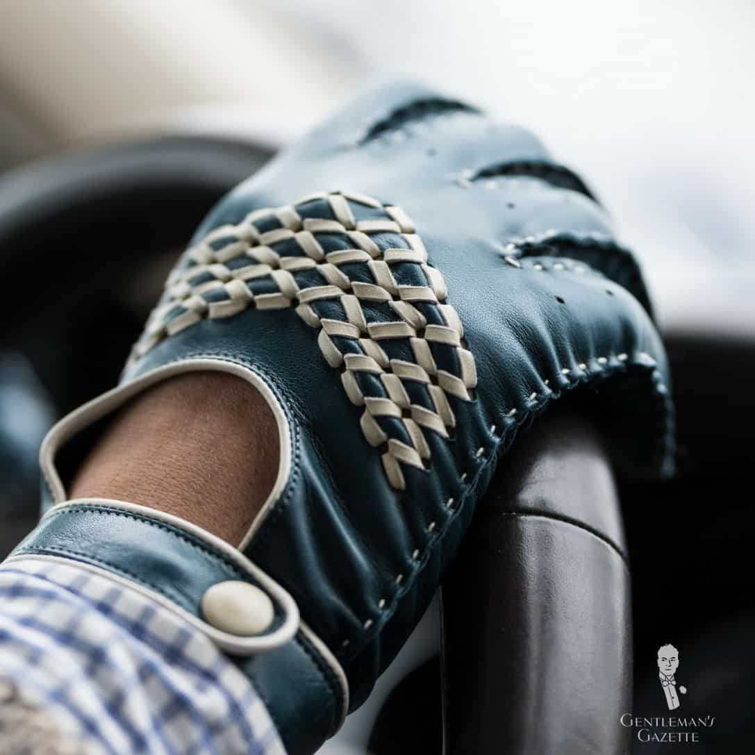 Photo of green and off white driving gloves