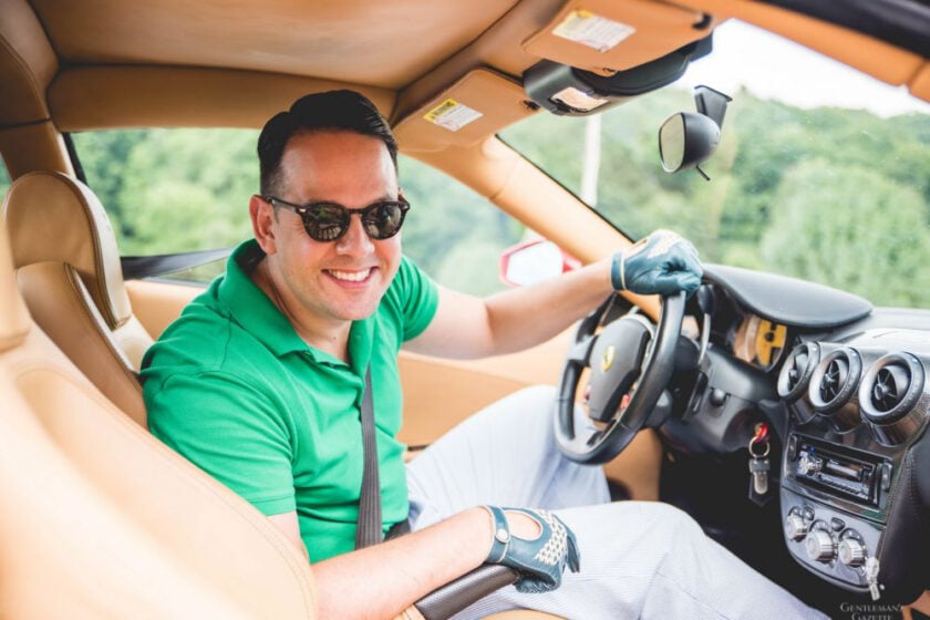 Raphael Driving Gloves Raphael is ready to drive a luxury sportscar in his sunglasses, green polo shirt, seersucker trousers, and green Fort Belvedere driving gloves