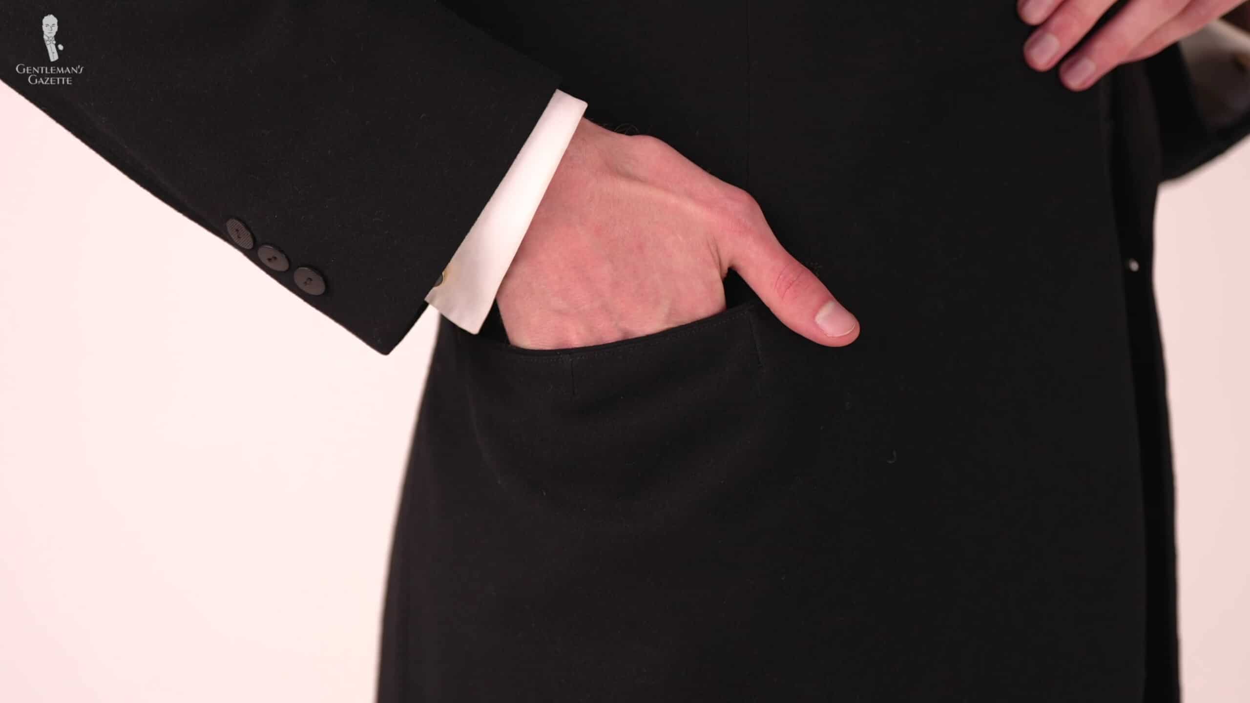 Tuxedos have jetted hip pockets.