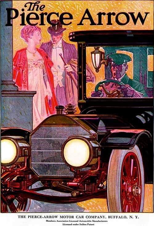 An illustration of a man in the uniform of a chauffeur, including driving gauntlets Pierce-Arrow Motor Company Advertisement, 1909
