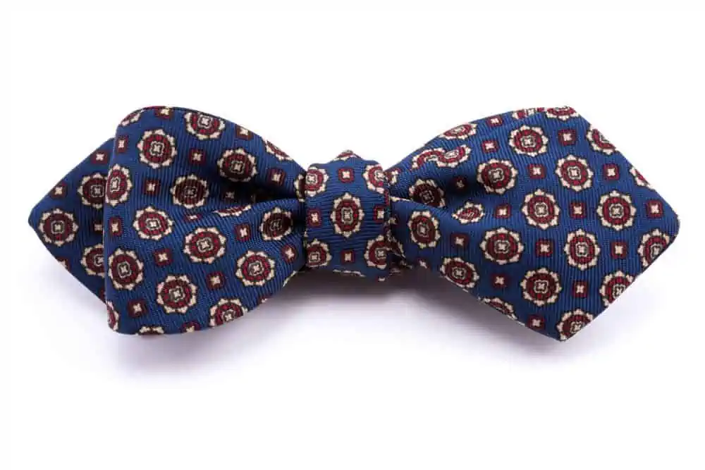 Ancient Madder Silk Bow Tie in Blue with Buff and Red Micropattern