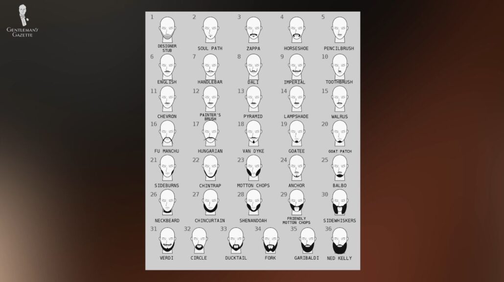 An illustration of different facial hair styles [Image Credit: Go-Chlodio]