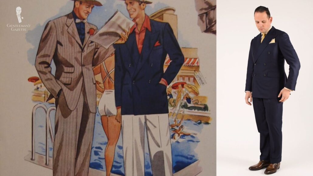 Raphael dons a timeless double-breasted navy suit (right) similar to the gentleman's double-breasted navy jacket in the 1930s (left)