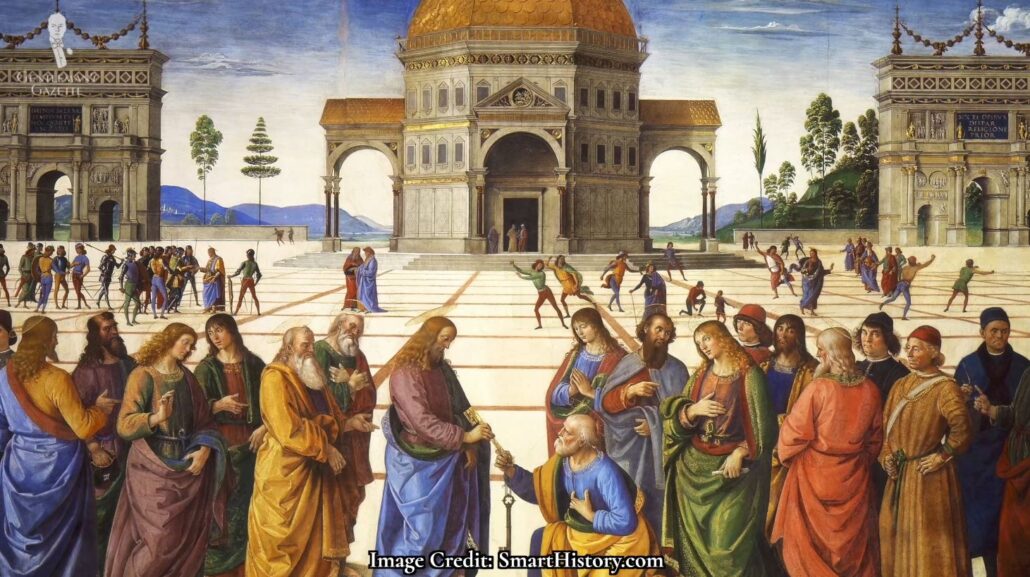A group of gentlemen in Vatican, Rome wearing different ancient clothing styles as portrayed in Perugino's Christ Giving the Keys of the Kingdom to St. Peter, 1481-83 [Image Credit: Smarthistory]