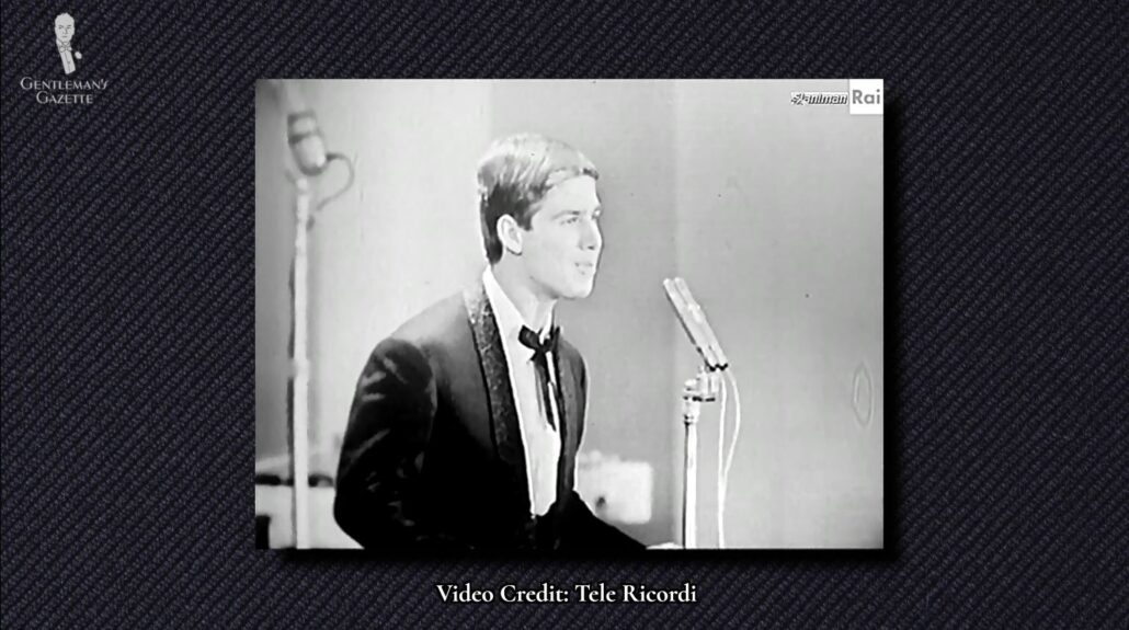 Italian singer Bruno Filippini in 1964 wearing an Anglo-American string tie [Image Credit: Tele Ricordi]
