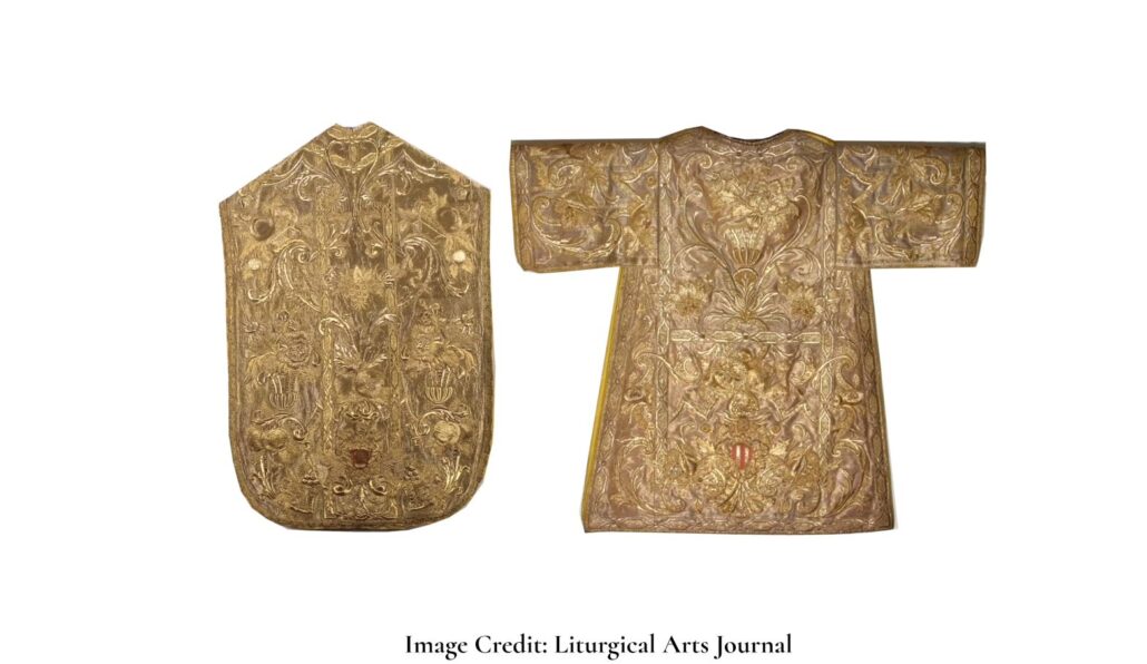 A chasuble and vestment set made of tela aurea or cloth of gold [Image Credit: Liturgical Arts Journal]