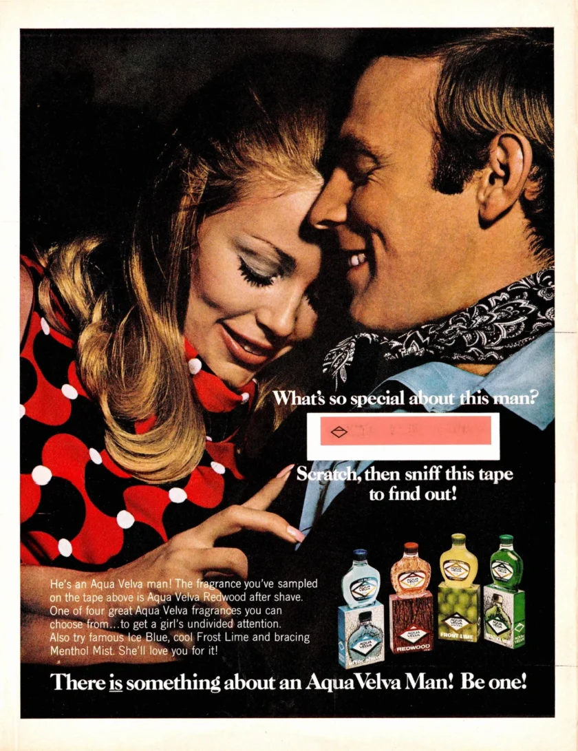 A photograph of an ad of a man and woman hugging