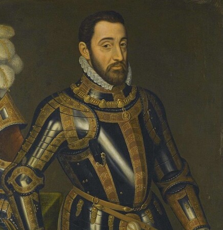 A bearded knight wearing a ruff collar with his armour