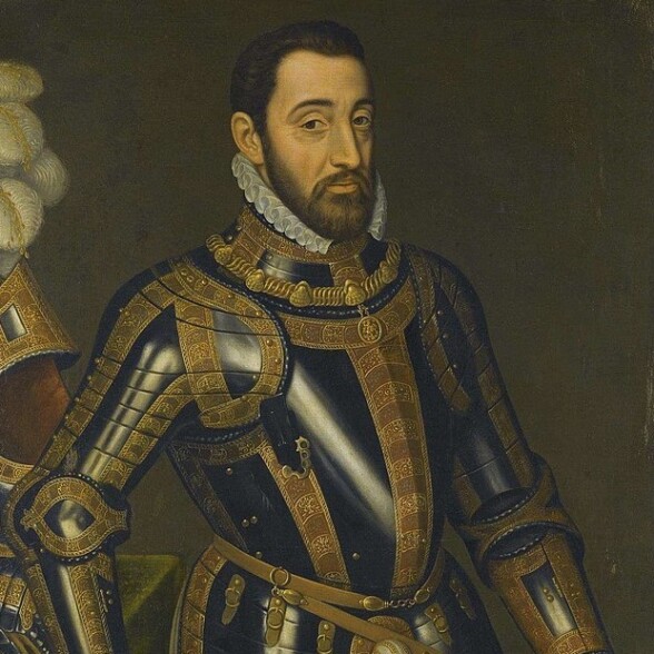 A bearded knight wearing a ruff collar with his armour