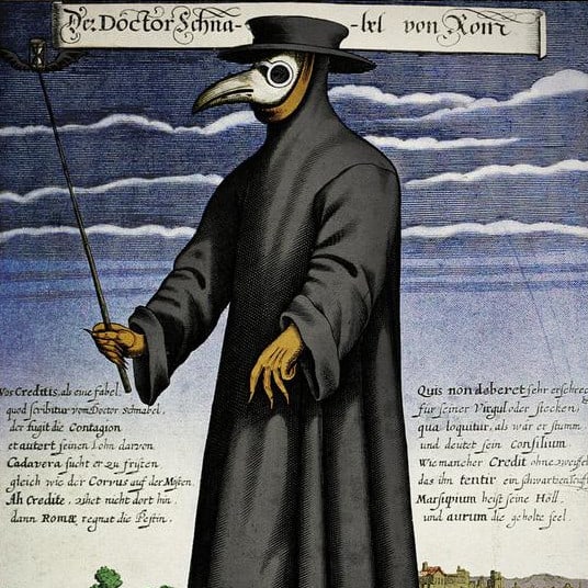 An illustration of a medieval plague doctor