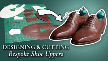A shoemaker's workstation showing cut leather and pattern pieces, with an arrow leading to a completed pair of dress shoes.