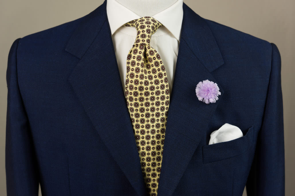Madder Print Silk Tie in Buff, Field Scabious Boutonniere Buttonhole, & Classic White Pocket Square.