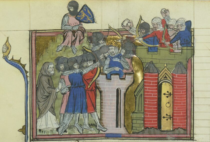 A medieval manuscript depicting soldiers attacking a castle. 
