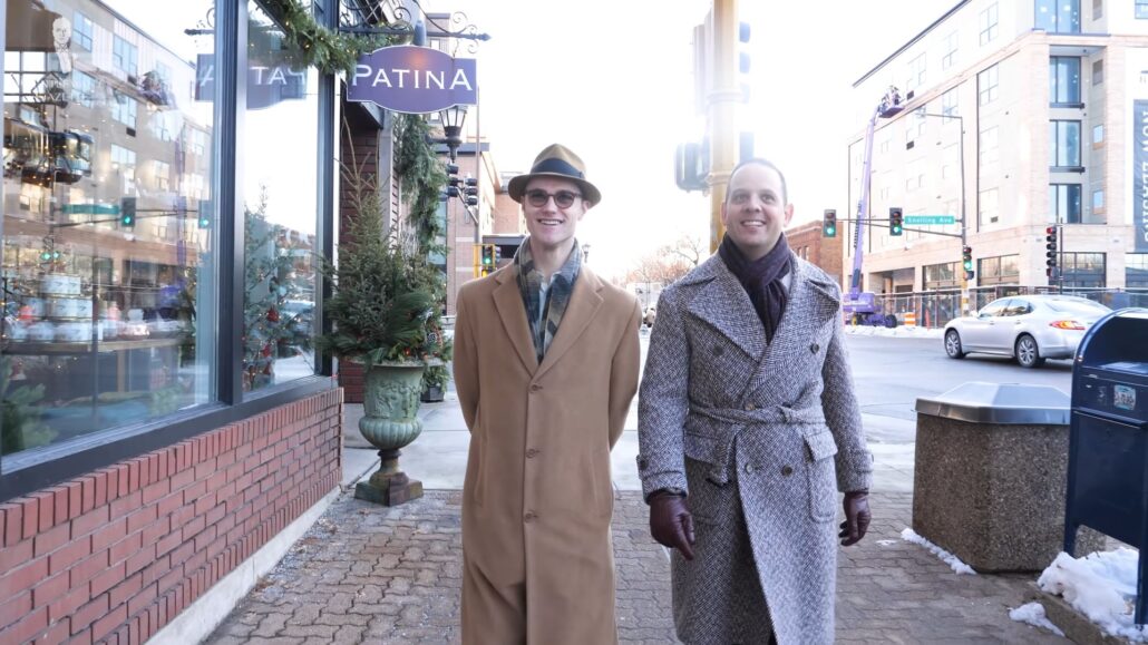 Preston and Raphael, in overcoats and scarves, on their way to a vintage shop in St. Paul, Minnesota.