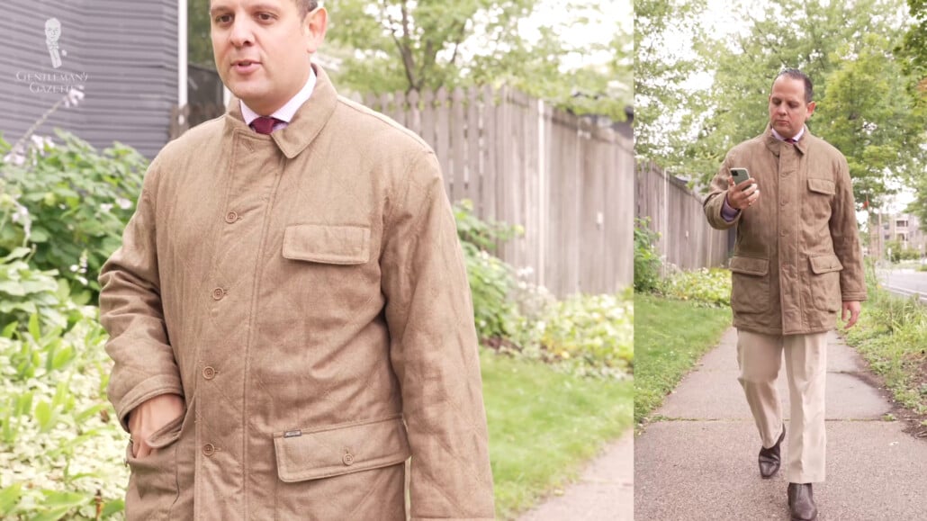 Raphael wearing a mint brown, quilted outerwear jacket from Fa&ccedil;onnable made with the Loro Piana Storm System fabric.