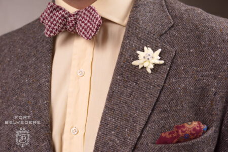 Yellow only works for dress shirts in very subtle pastel shades, such as this yellow-orange dress shirt with a Houndstooth Silk Bourette Bow Tie.
