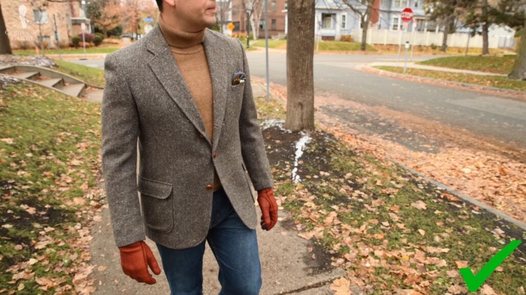 Elevate your look with accessories! (Pictured: Brown and Blue Peccary Gloves from Fort Belvedere)