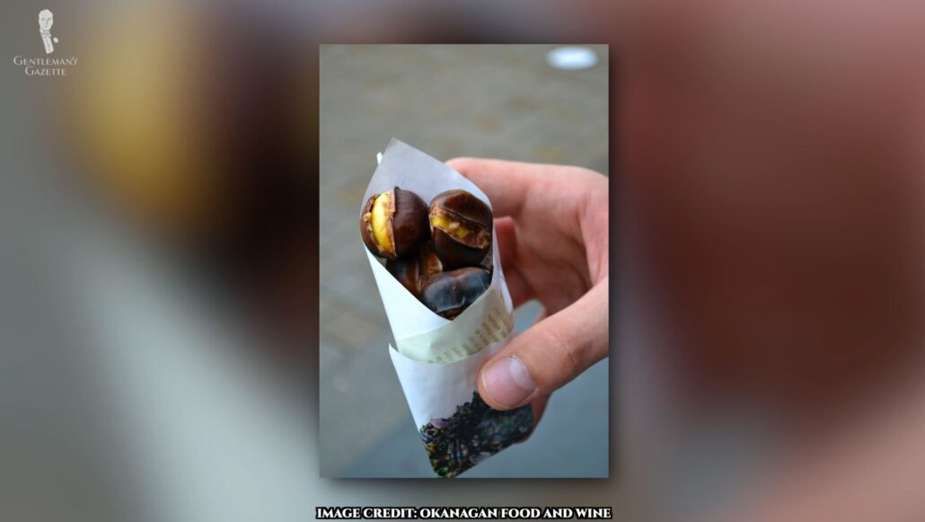 Roasted chestnuts in a paper cone [Image Credit: Local Food and Wine]