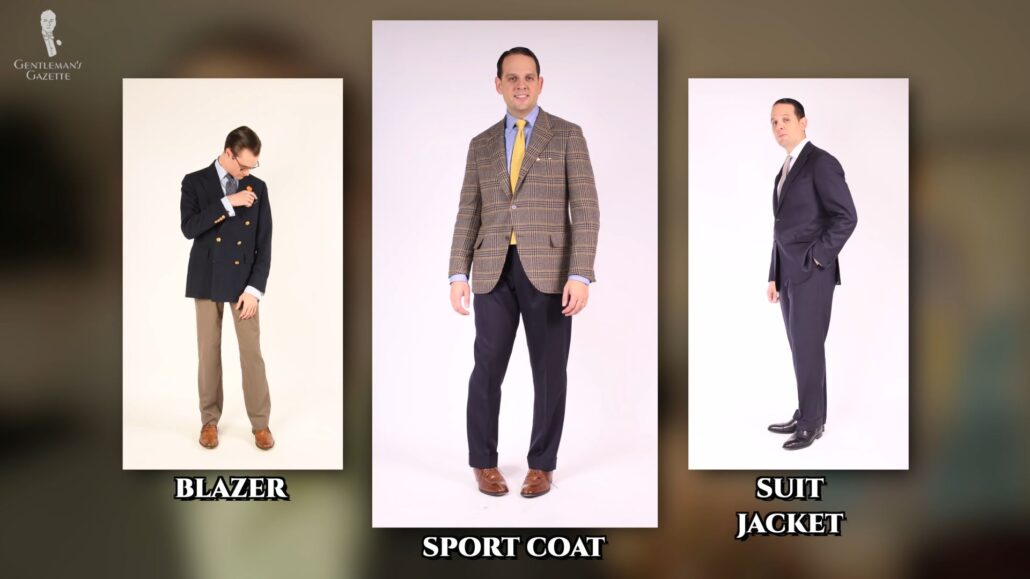 A visual comparison of a blazer, a sport coat, and a suit jacket