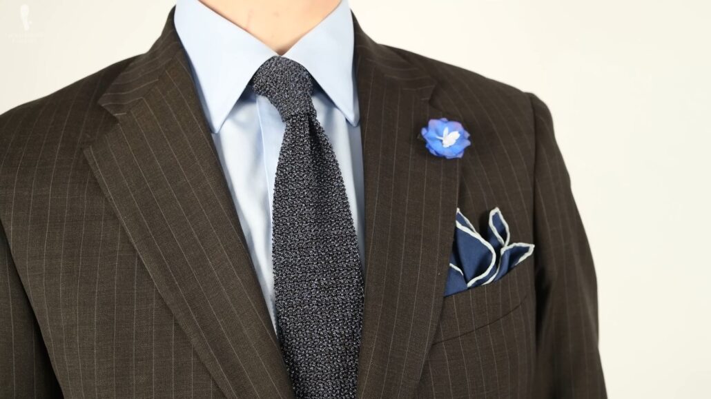 A combination of brown and blue in a less formal office attire